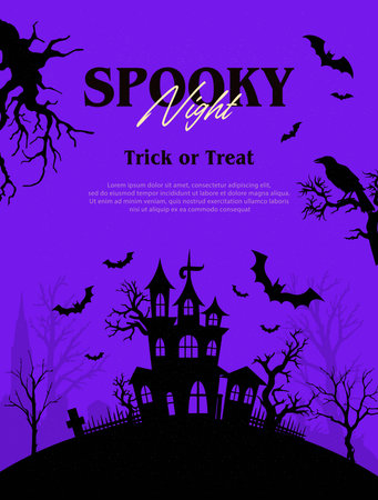 Halloween background with haunted house, bats and tree. Vector illustration.のイラスト素材