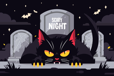 Halloween night background with black cat. Vector illustration in flat style.のイラスト素材
