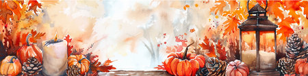 Autumn background with pumpkins, candles and fallen leaves. Vector illustration.のイラスト素材