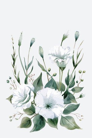 Hand drawn watercolor bouquet of white flowers with green leaves. Vector illustrationのイラスト素材