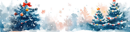 Watercolor winter landscape with fir trees and snowflakes. Vector illustration.のイラスト素材