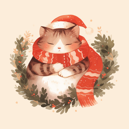 Cute cat in a red scarf with a Christmas wreath. Vector illustration.のイラスト素材