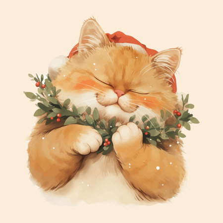 Cute ginger cat with a Christmas wreath. Vector illustration.のイラスト素材