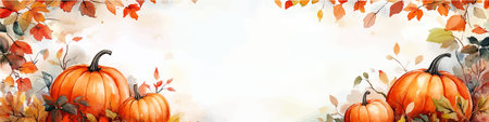 Horizontal banner with pumpkins and autumn leaves on white background.のイラスト素材