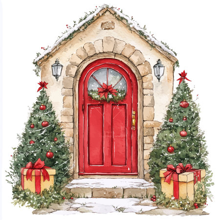 Watercolor illustration of red door with christmas tree and gifts.のイラスト素材