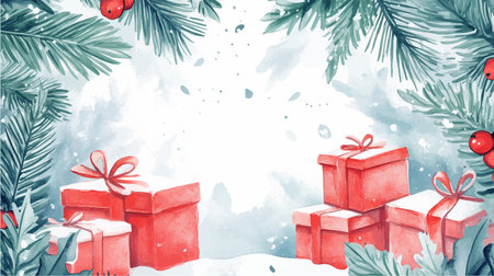 Watercolor Christmas background with red gift boxes, fir branches and berries. Hand drawn illustration.のイラスト素材
