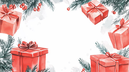 Watercolor Christmas background with red gift boxes and fir branches. Vector illustration.のイラスト素材
