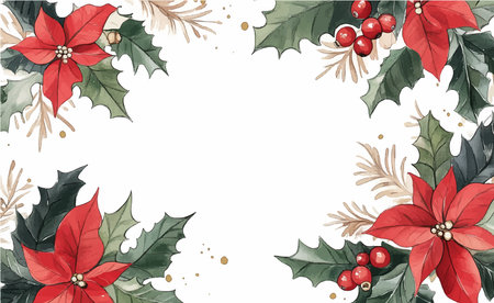 Christmas frame with poinsettia and berries. Vector illustration.のイラスト素材
