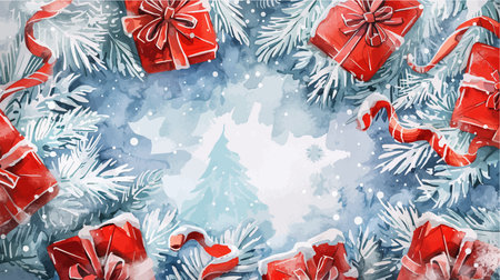 Christmas background with snowflakes and red gift boxes. Watercolor illustration.のイラスト素材