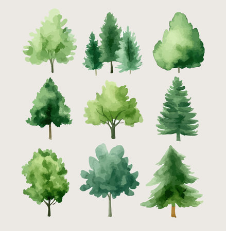 Set of hand drawn watercolor trees. Vector illustration isolated on white background.のイラスト素材