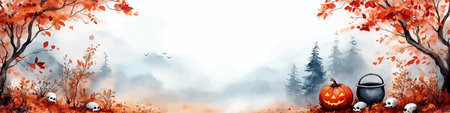 Halloween banner with pumpkins in the forest, vector illustration.のイラスト素材