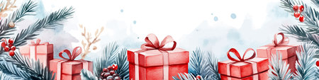 Christmas background with fir tree branches, red gift boxes and berries.のイラスト素材