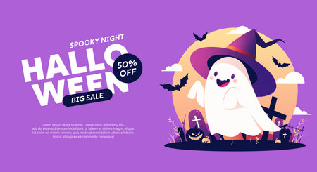 Halloween sale banner with cute ghost on purple background vector illustration graphic designのイラスト素材