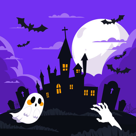 Halloween background with haunted castle, bat and ghost. Vector illustrationのイラスト素材