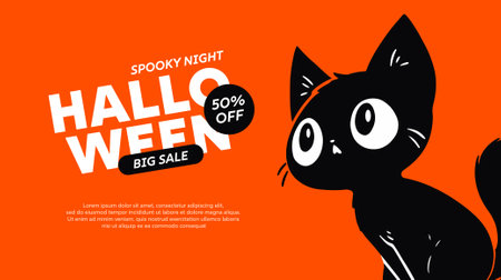 Halloween sale banner template design with cute cat. Vector illustration.のイラスト素材