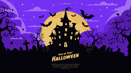 Halloween background with haunted house and flying bats. Vector illustration.のイラスト素材