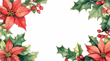 Christmas frame with poinsettia flowers and holly leaves.のイラスト素材
