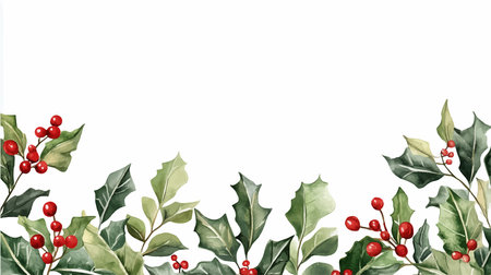 Watercolor Christmas background with holly leaves and berries. Vector illustration.のイラスト素材