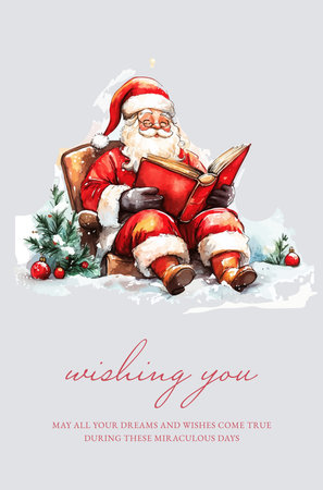 Christmas card with Santa Claus reading book. Hand drawn watercolor illustrationのイラスト素材