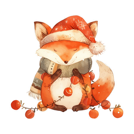 Cute cartoon fox with christmas decoration. Watercolor illustration.のイラスト素材