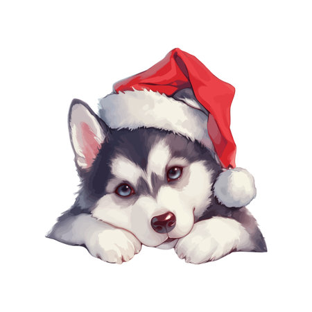 Cute siberian husky puppy in santa hat. Watercolor illustrationのイラスト素材