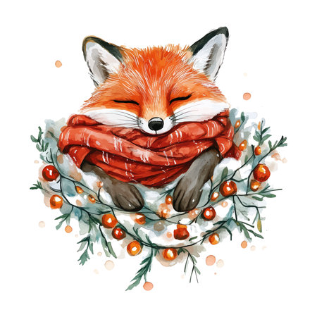 Watercolor illustration of a fox in a scarf and Christmas wreath.のイラスト素材