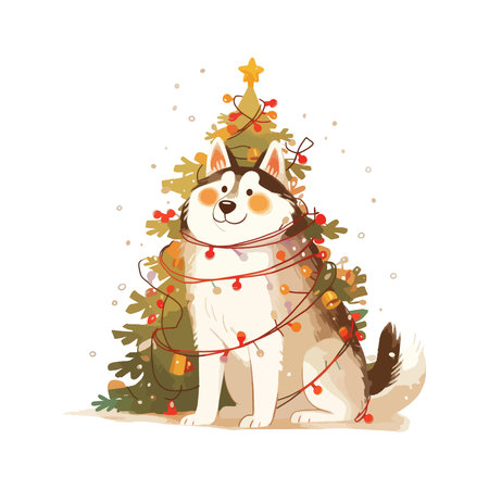 Cute cartoon siberian husky dog with christmas tree.のイラスト素材