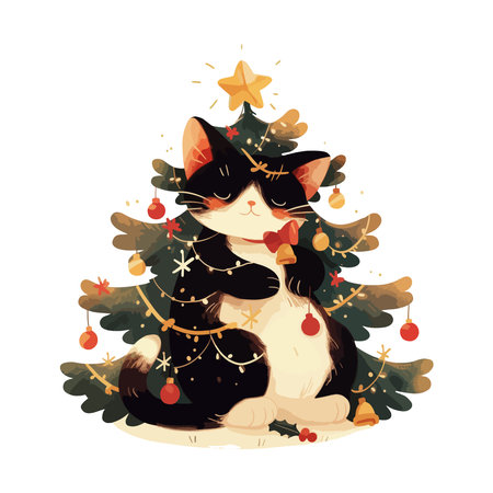 Cute cat with Christmas tree. Vector illustration in cartoon style.のイラスト素材