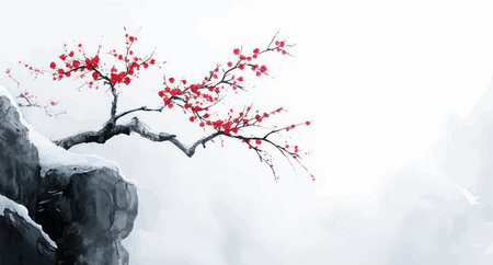 Chinese New Year background. Cherry blossom tree in winter landscape.のイラスト素材