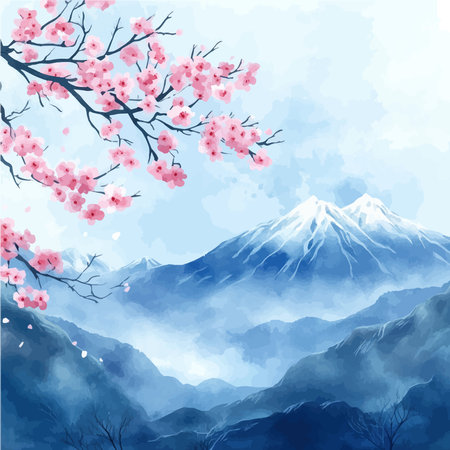 Cherry blossom spring background with mountains and clouds. Vector illustration.のイラスト素材