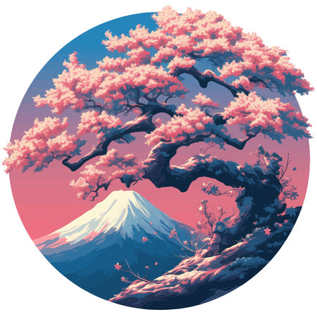 Japanese cherry blossom and Mt. Fuji in the background. Vector illustration.のイラスト素材