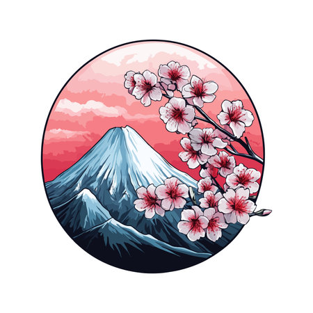 Mt. Fuji and sakura flowers. Vector illustration in a circle.のイラスト素材