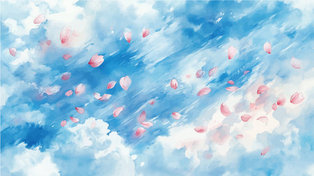 Sakura cherry blossom petals falling in the sky. Vector illustration.のイラスト素材
