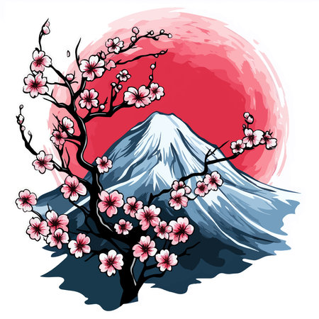 Fuji and cherry blossom sakura. Japan vector illustration.のイラスト素材
