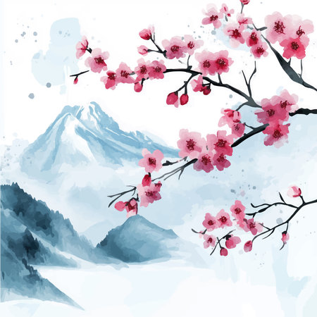 Japanese cherry blossom background with mountains. Watercolor hand drawn illustration.のイラスト素材
