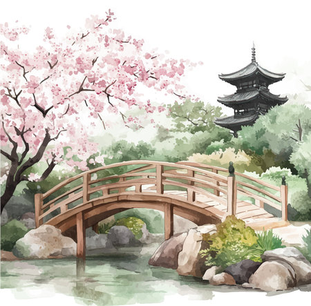 Japanese garden with cherry blossom and bridge. Watercolor illustration.のイラスト素材