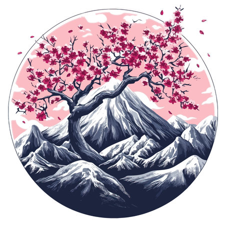 Beautiful cherry blossom tree in the mountains. Vector illustration.のイラスト素材