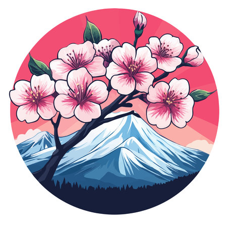 Mt. Fuji and sakura flowers in round icon. Vector illustration.のイラスト素材