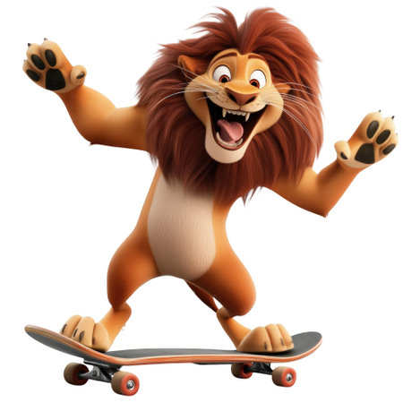 Cartoon lion riding a skateboard isolated on white background. 3D illustration.の写真素材