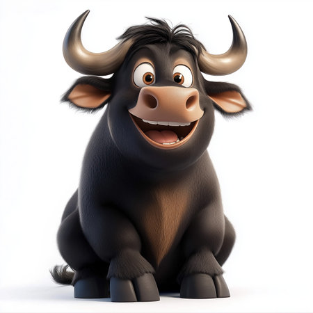 Cartoon bull with big horns sitting on the floor - 3D illustrationの写真素材