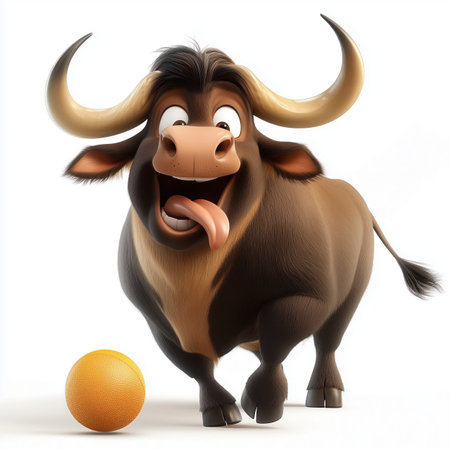 Cartoon bull with an orange ball on a white background, 3d renderの写真素材