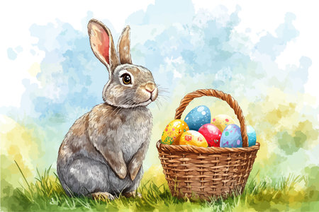 Easter bunny with basket of painted eggs on a background of green grassのイラスト素材