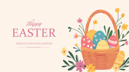 Happy Easter greeting card with basket of eggs and flowers. Vector illustrationのイラスト素材