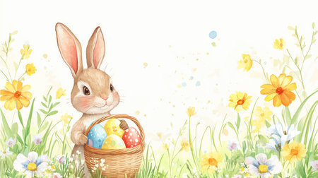 Easter bunny with basket of eggs and flowers. Watercolor illustrationのイラスト素材