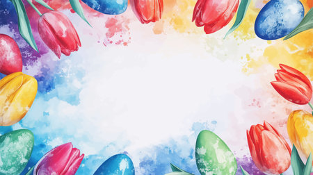 Easter background with tulips and eggs. Watercolor vector illustration.のイラスト素材