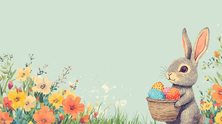 Easter bunny with basket of eggs and spring flowers. Greeting card.のイラスト素材