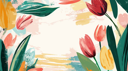 Spring background with tulips and watercolor brush strokes. Vector illustration.のイラスト素材