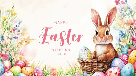 Easter greeting card with easter bunny, eggs and flowers.