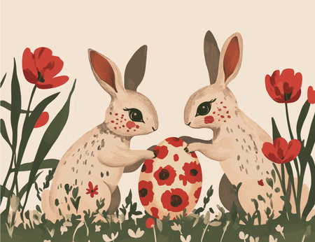 Easter bunnies with eggs and tulips. Vector illustration.のイラスト素材