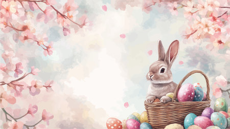 Easter bunny with basket full of colorful eggs and cherry blossomのイラスト素材